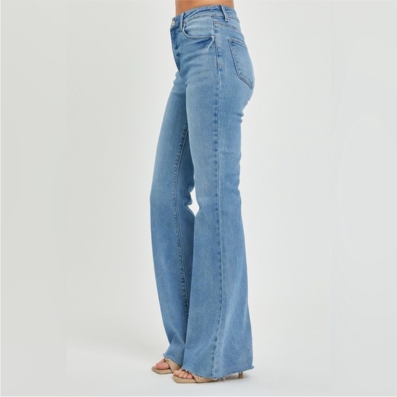 Risen High Rise Flare Jeans Raw Frayed Hem New - Picture 2 of 6